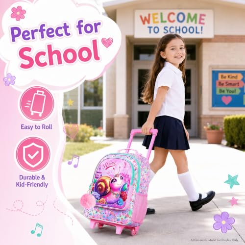3Pcs Rolling Backpack for Girls, Kids Roller School Backpack with Wheels, Snail Wheeled Bookbag for Elementary Preschool Kindergarten(Pink) - color: Snail Pink
