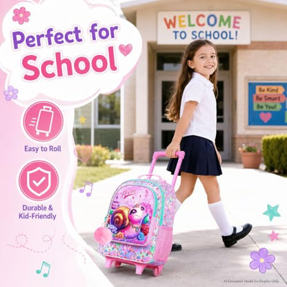 3Pcs Rolling Backpack for Girls, Kids Roller School Backpack with Wheels, Snail Wheeled Bookbag for Elementary Preschool Kindergarten(Pink) - color: Snail Pink