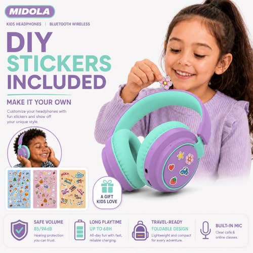 MIDOLA Kids Bluetooth Headphones 68H Play Time,Volume Limit 85/94dB, Foldable Lightweight Wireless Over-Ear Headphone for Toddler Kid Child Pad,Headsets with Aux Built-in Mic Purple - color: Purple