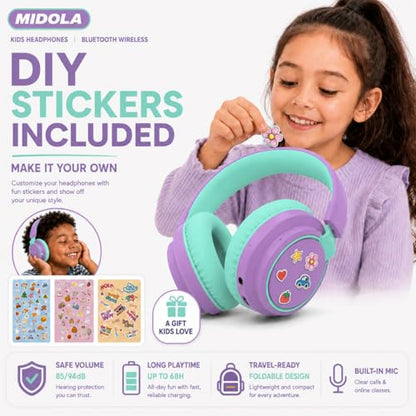 MIDOLA Kids Bluetooth Headphones 68H Play Time,Volume Limit 85/94dB, Foldable Lightweight Wireless Over-Ear Headphone for Toddler Kid Child Pad,Headsets with Aux Built-in Mic Purple - color: Purple