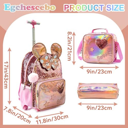 Kids Rolling Big Ears Backpack for Girls Sequins Trolley Suitcases Luggage Travel with Wheels Bookbag Wheeled 17" Roller Backpacks Set Toddler Back Pack School Bags for Elementary Champagne - color: 5315-miqi-champagne