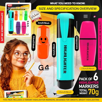 G4GADGET 6 Pack Assorted Highlighter Pens – Classic & Mini Highlighters for Study, Office & Use | No Bleed, Smear Free, Vibrant Colours | Cute & Pastel Markers for School, Notes & Journals