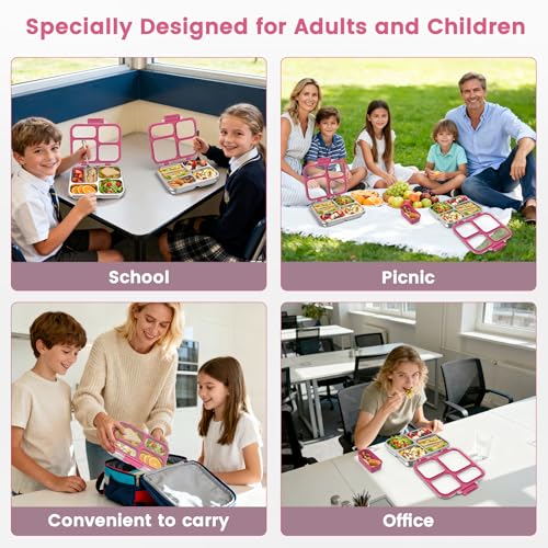 Stainless Steel Bento Box for Kids Adults with Silicone Container, Leak Proof 4 Compartments Metal Lunch Box, Removable Silicone Seal & Clear Lid Food Container for School Office, BPA-Free(Pink) - color: Pink