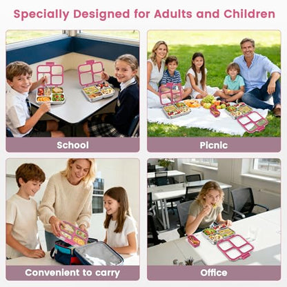 Stainless Steel Bento Box for Kids Adults with Silicone Container, Leak Proof 4 Compartments Metal Lunch Box, Removable Silicone Seal & Clear Lid Food Container for School Office, BPA-Free(Pink) - color: Pink
