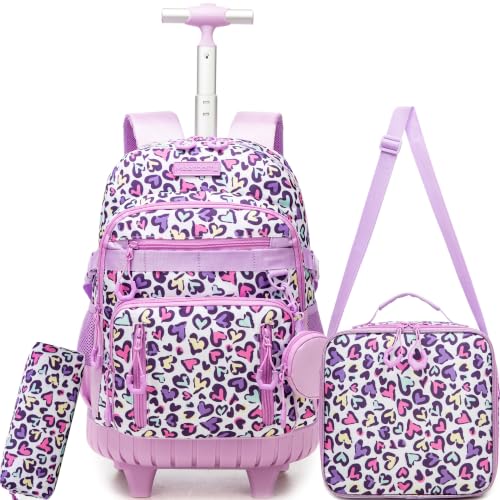 Meetbelify Rolling Backpack for Girls Boys Backpacks with Wheels Kids Carry on Luggage for Girls Boys - color: Purple Love