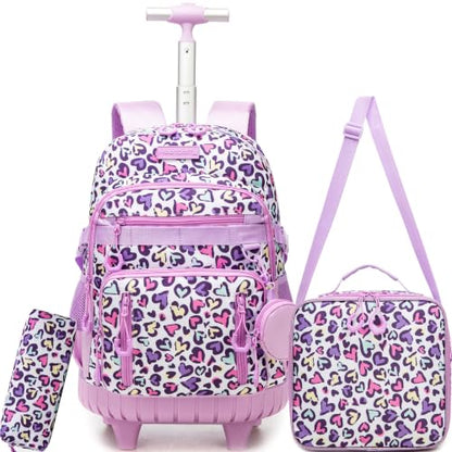 Meetbelify Rolling Backpack for Girls Boys Backpacks with Wheels Kids Carry on Luggage for Girls Boys - color: Purple Love
