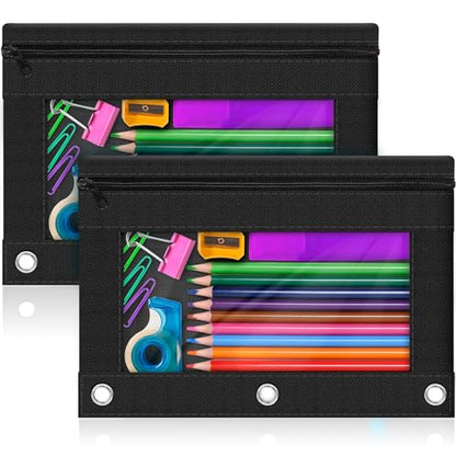 3-Ring Pencil Pouch, 2 Pack Black Bulk Pencil Case, Pencil Bags with Zipper for Office Supplies Cosmetics, with Zipper & Reinforced Grommets Fabric Large Pencil Case for 3 Hole Binder - color: Black