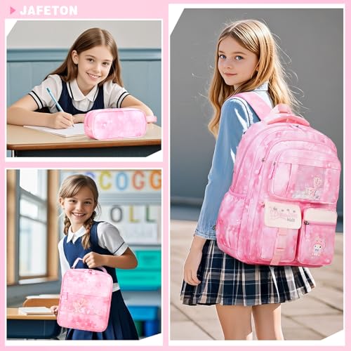 Jafeton Backpacks for Girls, Girls Backpack with Insulated Lunch Bag and Pencil Case for Kids Teens Elementary Middle High School Student, Cute Bow School Bag Travel Daypacks Book Bag Set - color: Pink