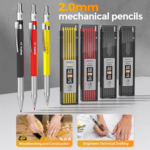Nicpro 39 Pack Carpenter Pencils with Sharpener, Mechanical Carpenter Pencil Set with 102 Refills, Long Nib Marker Pens, Carbide Scribe Tool & Construction Pencils for Architect Woodworking with Case - size: 39 Pack