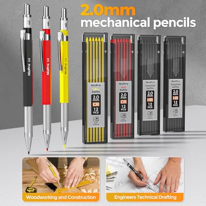 Nicpro 39 Pack Carpenter Pencils with Sharpener, Mechanical Carpenter Pencil Set with 102 Refills, Long Nib Marker Pens, Carbide Scribe Tool & Construction Pencils for Architect Woodworking with Case - size: 39 Pack