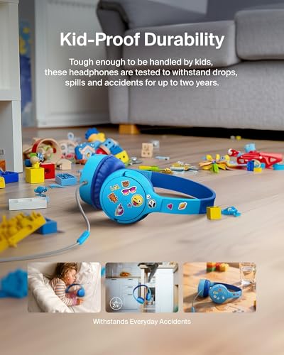 Belkin SoundForm Mini Kids Wired Headphones w/USB C to 3.5mm Dongle, Built-in Mic & Fun Stickers, 85dB Max Volume – for Online Learning, Travel, Compatible w/iPhone 16, iPad, Galaxy S25, etc - Blue - color: Blue, style: Wired (USB-C)