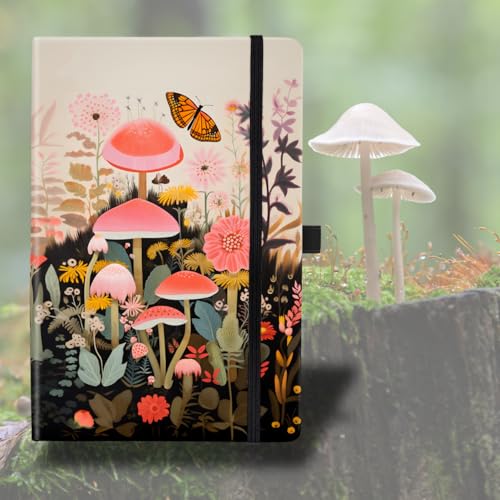 RICCO BELLO Lined Journal Notebook, Mushroom Garden, Hardcover | College Ruled, 96 Sheets / 192 Pages, 5.7 x 8.4 Inches, Pen Holder, For Work & Notes - color: Mushroom Garden
