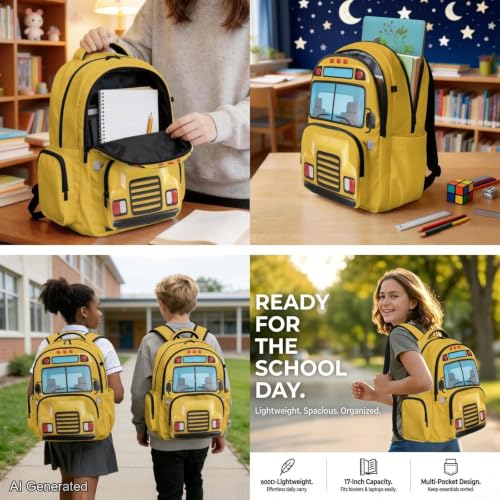 Classic School Bus Backpack with Lunch Box and Water Bottle Pouch Girls Boys Lightweight Big Pencil Case Pouch 4PCS Set Bookbag with Compartments 17 inch Study School Bag Kids Back to School - color: Classic School Bus