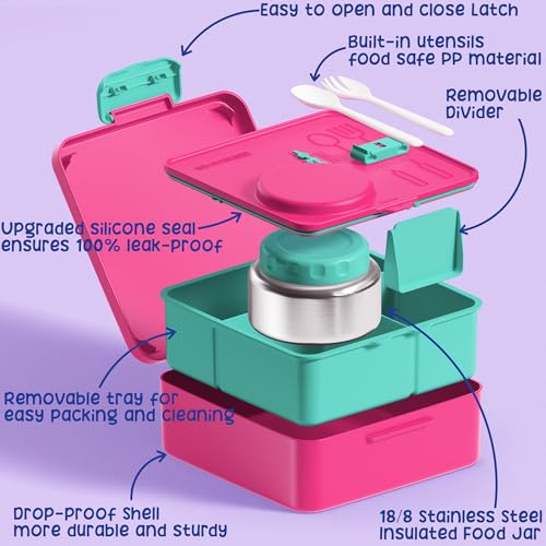 Fimibuke Bento Lunch Box for Kids Adult, 3-4 Compartment 60OZ Toddler Lunch Box Container with Leakproof 8OZ Insulated Food Jar, Sauce Jar, Utensil for School Boys Girls, BPA-Free Dishwasher Safe - color: B11.Fuchsia & Teal