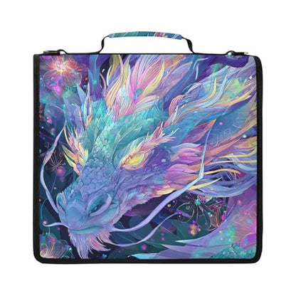 Dragon Head Zipper Binder Bag 3 Ring Binder with Shoulder Strap Zip Multi Pockets Portfolio Bags Capacity Up 500 Sheets for School Office Supplies - color: Glowing Pastel Dragon Head Nebula Artwork