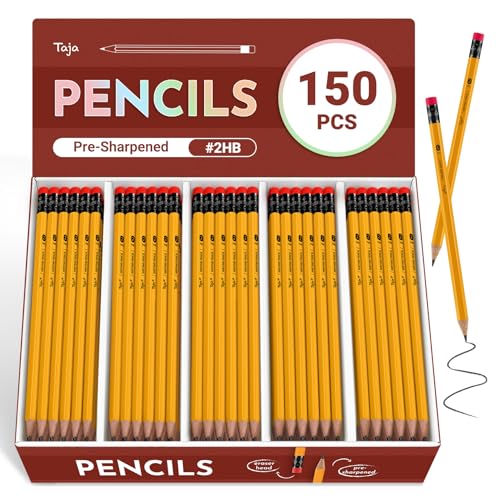 Taja 150 Pack #2 HB Pencils, Bulk Pre-Sharpened Wood-Cased Pencils with Erasers, Large Pack Writing & Drawing Pencils for School Classroom Testing, Yellow - color: Yellow