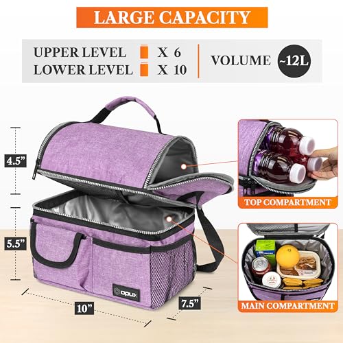 opux Insulated Lunch Bag Women Men, Dual Compartment Leakproof Lunch Box Adults Kids, Double Decker Meal Prep Bento Lunch Cooler Tote with Shoulder Strap for Work Office School Travel, Purple - color: Heather Purple