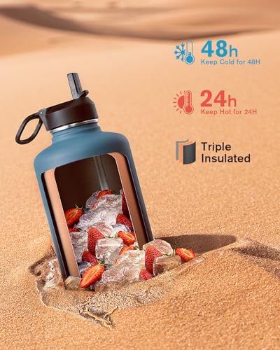 Coolflask Water Bottle 87 oz with Straw, 2/3 Gallon Insulated Stainless Steel Large 3 Lids Big Water Jug for Sports or Office, Non-BPA Keep Cold Up to 48 Hrs or Hot Up to 24 Hrs, Samurai Cyan | 2/3 Gallon Large Water Jug, Triple-Wall Vacuum, Cold 48+h/Hot
