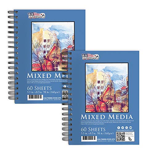 U.S. Art Supply 5.5"x8.5" Mixed Media Sketchbook, 2 Pack (60 Sheets), 98 lb (160 GSM) - Spiral-Bound Pad with Perforated Acid-Free Paper - Artist Sketch Book for Drawing, Painting, Watercolor - size: 5.5-x-8.5-inch