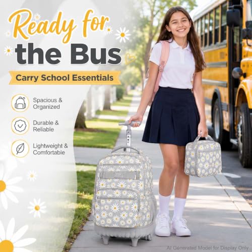 AGSDON Rolling Backpack for Girls, Women Roller Wheels Bookbag, Laptop Daisy Wheeled School Bag with Wheels for Teens - color: Daisy Grey