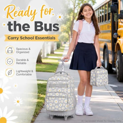 AGSDON Rolling Backpack for Girls, Women Roller Wheels Bookbag, Laptop Daisy Wheeled School Bag with Wheels for Teens - color: Daisy Grey