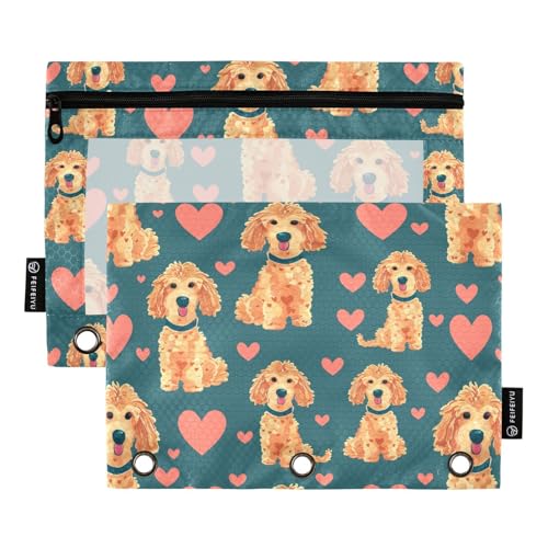 Fustylead Lovely Hand Draw Poodle Dog and Hearts Doodle Pencil Pouch Fits Standard 3-Ring Binders, Zipper Binder Pencil Bag with Clear Window for School Office Cosmetic 2 Pack - color: Blue03 Poodle Dog and Heart