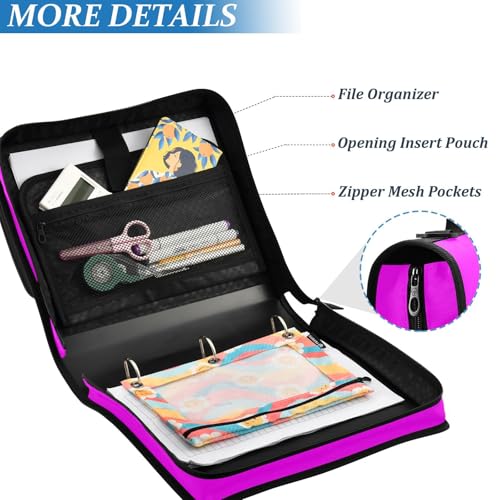 3 Rings 1.5 inch Binder with Extra Pockets with Shoulder Strap Laege Capacity Documents Files Storage Bag for Middle School Fuchsia - color: Fuchsia