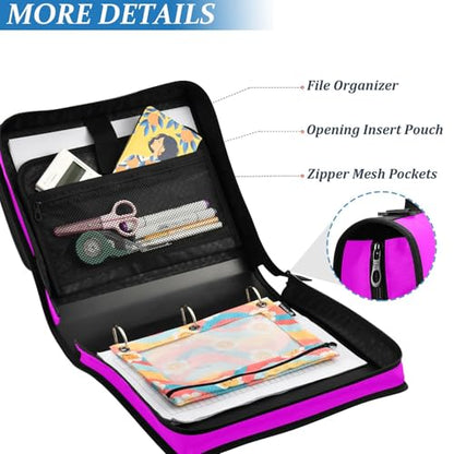 3 Rings 1.5 inch Binder with Extra Pockets with Shoulder Strap Laege Capacity Documents Files Storage Bag for Middle School Fuchsia - color: Fuchsia