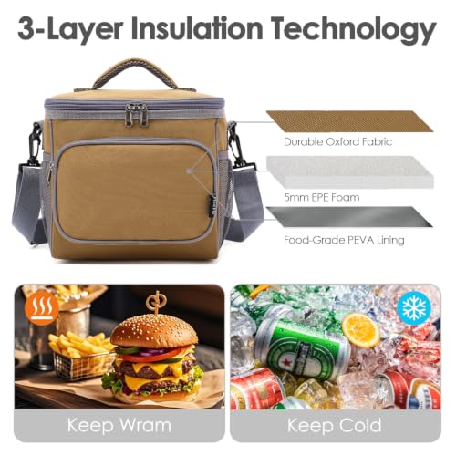 FlowFly Insulated Reusable Lunch Bag Adult Large Lunch Box for Women and Men with Adjustable Shoulder Strap,Front Zipper Pocket and Dual Large Mesh Side Pockets,Brown - color: Brown