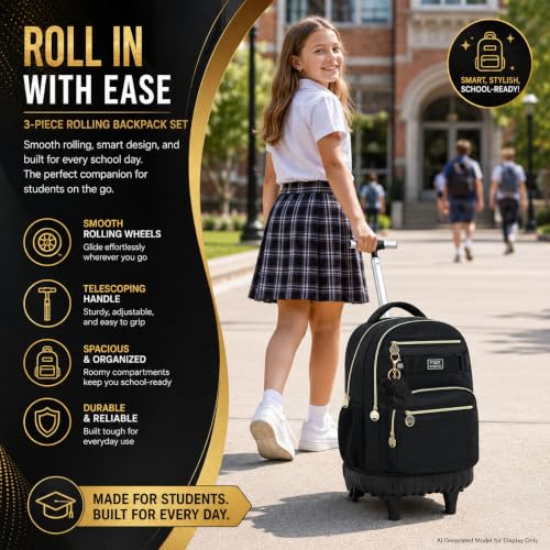 HPJGD 3PCS Rolling Backpack for Girls and Boys, Black School Backpacks with Wheels, Water Resistant Roller Wheeled Bookbag Set for Women Men - color: Classic Black Rolling Backpack Set