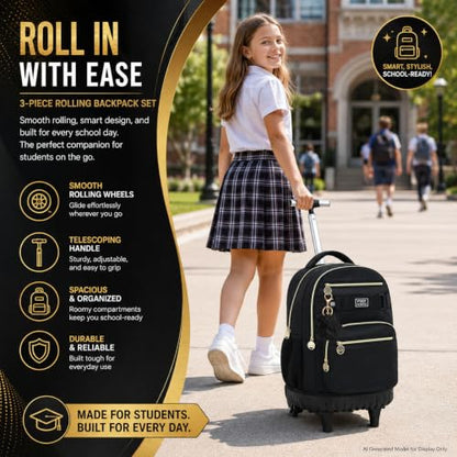 HPJGD 3PCS Rolling Backpack for Girls and Boys, Black School Backpacks with Wheels, Water Resistant Roller Wheeled Bookbag Set for Women Men - color: Classic Black Rolling Backpack Set