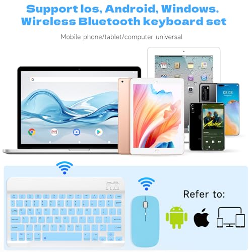 Bluetooth Keyboard and Mouse Combo, Qwert Layout Universal Ultra-Slim Wireless Keyboard Mouse Set for Android Windows iPad iPhone Samsung Tablet Portable Compact Keyboard Set, Light Blue - color: Blue