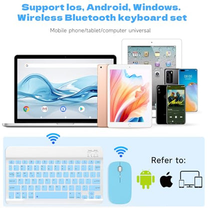 Bluetooth Keyboard and Mouse Combo, Qwert Layout Universal Ultra-Slim Wireless Keyboard Mouse Set for Android Windows iPad iPhone Samsung Tablet Portable Compact Keyboard Set, Light Blue - color: Blue