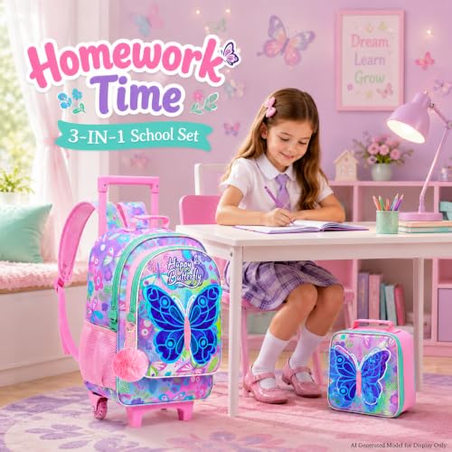CCJPX 3Pcs Butterfly Rolling Backpack for Girls, 18" Kids Wheeled Bookbag with Lunch Box, Lightweight Roller School Bag for Elementary Preschool (Pink) - color: Pink Butterfly(with Sequins)