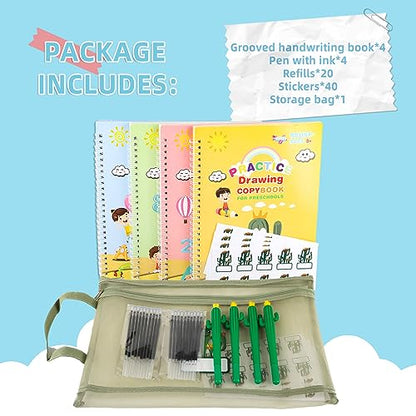 LUCKFUTURE Grooved Handwriting Book Practice, Magic Copybooks for Kids Reusable Handwriting Practice Set, Preschool Calligraphy Workbook with a Storage Bag for Easy Use - size: Grooved Handwriting Practice Book