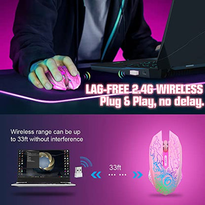 VersionTECH. Wireless Gaming Mouse, Rechargeable Computer Mouse Mice with Colorful LED Lights, Silent Click, 2.4G USB Nano Receiver, 3 Level DPI for PC Gamer Laptop Desktop Chromebook Mac-Pink - color: Pink