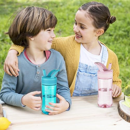 14oz Clear Kids Water Bottle with Straw Lid, BPA-Free Tritan, Measurement Scale, Sturdy Handle Wide Mouth Leak-proof Reusable Plastic Bottle for Boy& Girls, Back to School(Pink) - color: Pink