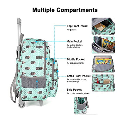 Tilami Rolling Backpack 18 inch Double Handle with Lunch Bag Wheeled Kids Backpack for Girls and Boys, Hedgehog Green - color: Hedgehog Green