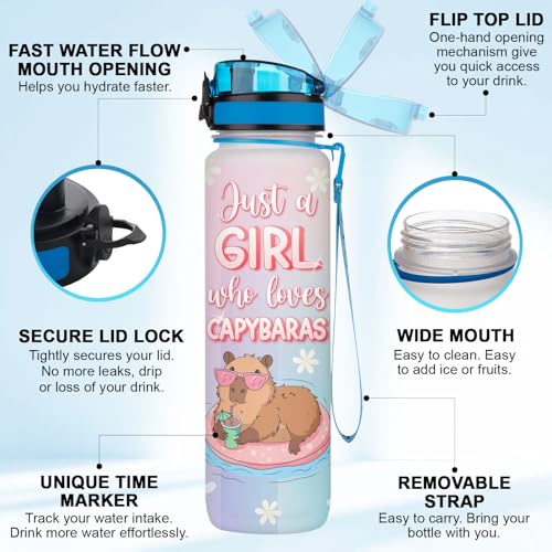 Kawaii Capybara Water Bottle 32oz – Just a Girl Who Loves Capybaras Cute Animal Bottle with Time Marker, Reusable Drink Bottle Gift for Teen Girls, Kawaii Lovers - color: Capybara Lovers