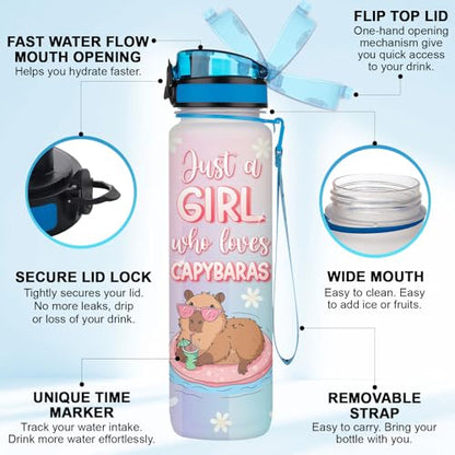Kawaii Capybara Water Bottle 32oz – Just a Girl Who Loves Capybaras Cute Animal Bottle with Time Marker, Reusable Drink Bottle Gift for Teen Girls, Kawaii Lovers - color: Capybara Lovers