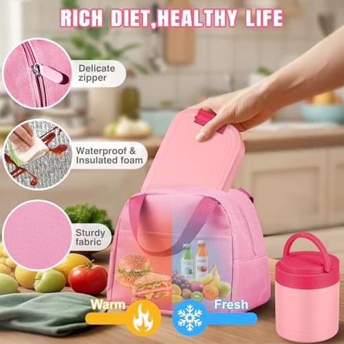 Large Bento Lunch Box Set for Adults Kids Women with 10.5oz Soup Thermo,Coffee Tumblers Men Girls Boys Teenagers Leak-Proof Lunch Food Containers with Lunch Bag - color: Beauty Pink