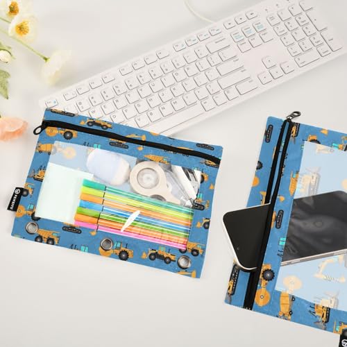 Excavator Concrete Mixer Pencil Pouch for 3 Ring Binder, Binder Pencil Pouches with Clear Window Zipper Pencil Case for Office College Supplies, 2PCS (B0308) - color: B0308