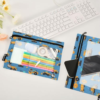 Excavator Concrete Mixer Pencil Pouch for 3 Ring Binder, Binder Pencil Pouches with Clear Window Zipper Pencil Case for Office College Supplies, 2PCS (B0308) - color: B0308