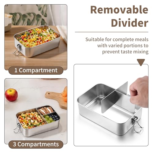 TeamFar 2 Pack Stainless Steel Bento Box, 47oz Metal Lunch Box | with 3 Compartments for Adults/Kids, Lunch Food Containers for School/Work/Meal Prep, Leak-Proof & Dishwasher Safe, 1400ML - size: 1400ML