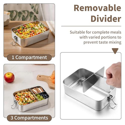 TeamFar 2 Pack Stainless Steel Bento Box, 47oz Metal Lunch Box | with 3 Compartments for Adults/Kids, Lunch Food Containers for School/Work/Meal Prep, Leak-Proof & Dishwasher Safe, 1400ML - size: 1400ML