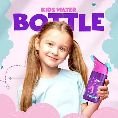 YOLAY 15oz Kids Water Bottle For School Boys and Girls, Durable Toddler Water Bottle with Straw Lid Leak-Proof, Spill Proof, Easy Clean and Dishwasher Safe with Re-Usable and BPA Free - Mermaid - color: Mermaid