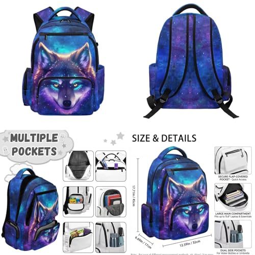 Galaxy Wolf Backpack for Girls Kids Backpack with Lunch Box Water Bottle Pouch and Soft Pencil Case 4PCS Set Cute Bookbag with Front Pocket 17" Large School Bag for Graduation Season Gift - color: Cool Galaxy Wolf