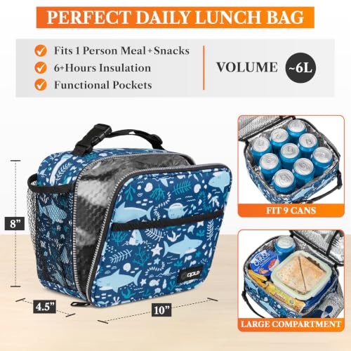 opux Insulated Lunch Bag for Kids, Reusable Lunch Box for School with Leakproof Lining, Compact Soft Cooler Tote for Boys & Girls, Front Pocket, Mesh Side Bottle Holder (Blue Shark) - color: Blue Shark