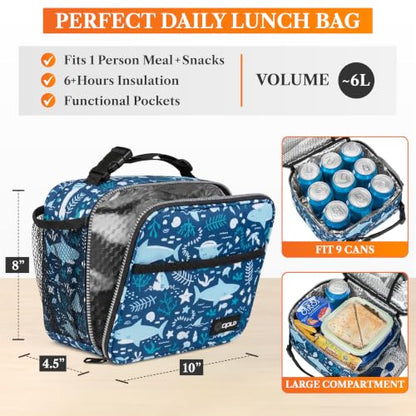 opux Insulated Lunch Bag for Kids, Reusable Lunch Box for School with Leakproof Lining, Compact Soft Cooler Tote for Boys & Girls, Front Pocket, Mesh Side Bottle Holder (Blue Shark) - color: Blue Shark