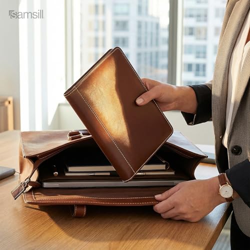 Samsill Contrast Stitch Faux-Leather Portfolio, Mini Size Business Interview Professional Padfolio, Includes 5 x 8 Inch Writing Pad, Brown - color: Brown